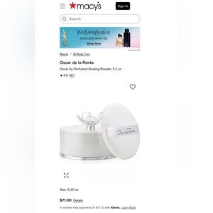 Oscar de la Renta
Oscar by Perfumed Dusting Powder, 5.2 oz